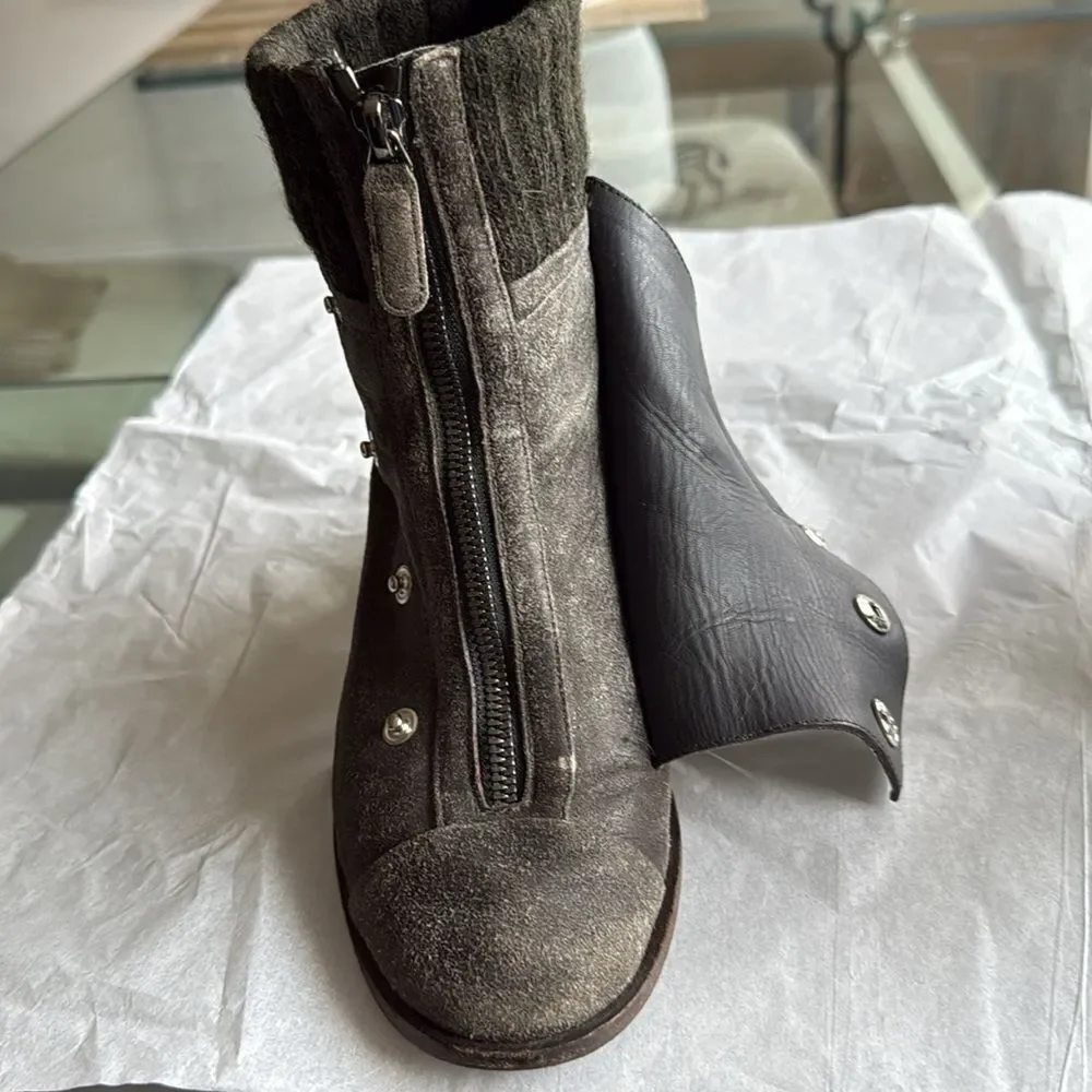 Chanel Women’s Gray Distressed Suede Leather Ankle Boots with CC Logo Buttons.